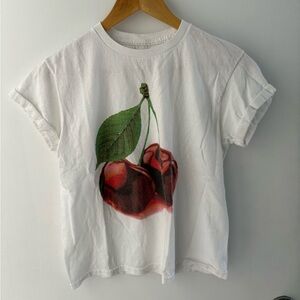 Anthropologie White Tee with Large Cherry Graphic Size Small